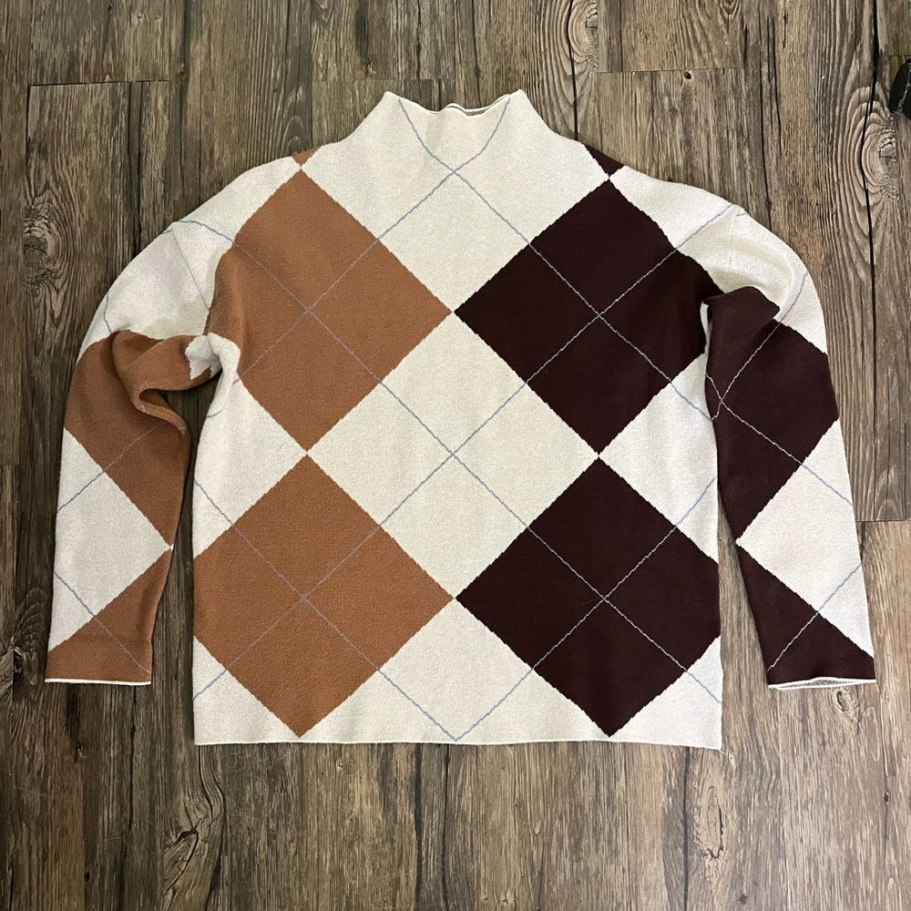 Rachel Zoe Women's Crew Neck Sweater - Cream and Brown Argyle Grandpacore